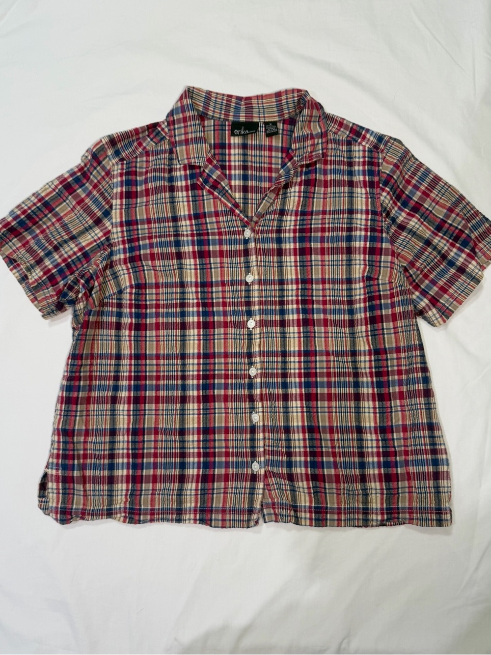 Erika Woman 100% Cotton Plaid Button-Front Shirt in Red, Blue and Cream